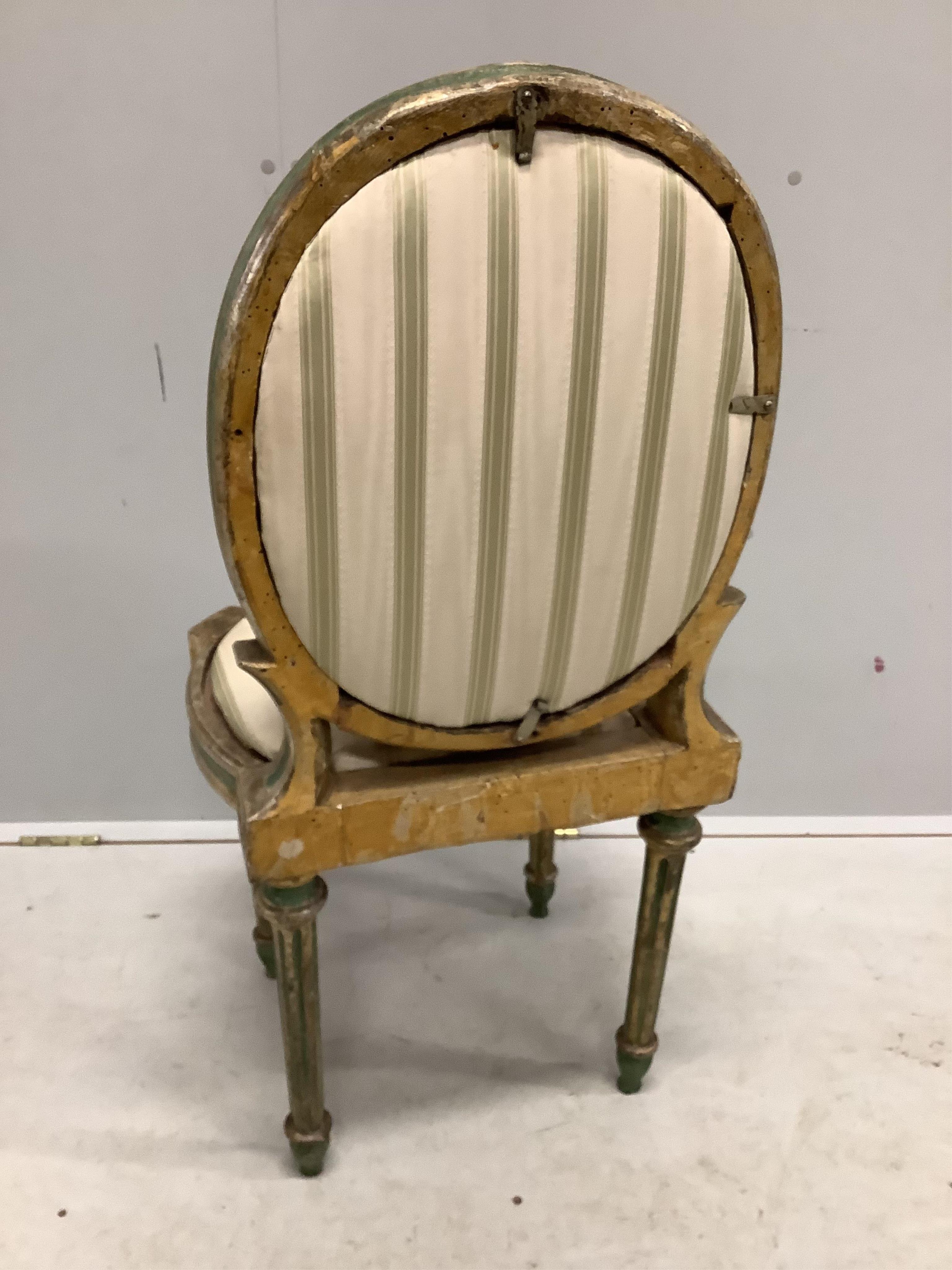 A set of six early 19th century Venetian painted, silvered parcel gilt side chairs, width 44cm, depth 40cm, height 99cm.